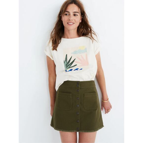 Madewell Kale Green Stretch Raw Hem  Button Fly A-Line Mini Skirt Plus Size 14 - Picture 2 of 16